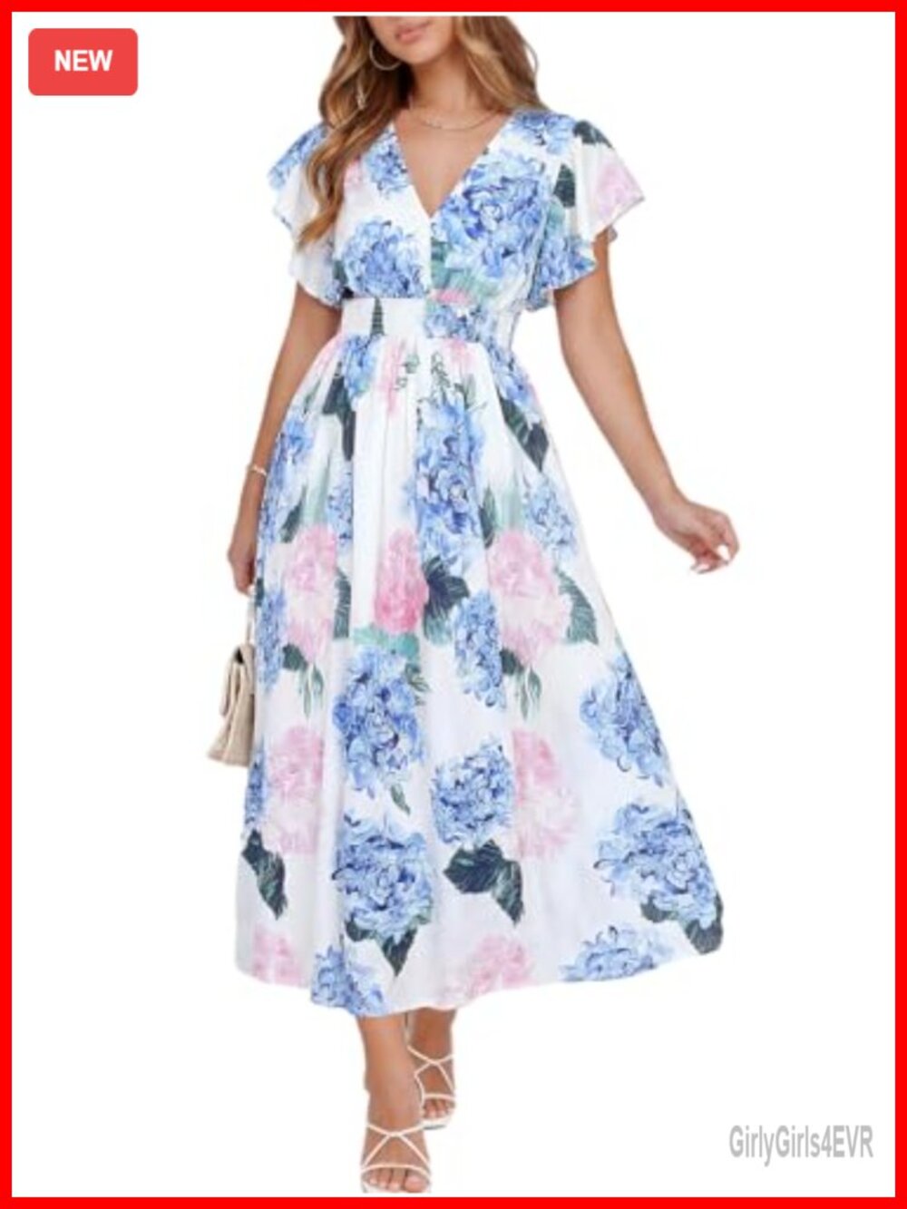 Womens Floral Maxi Dress V-Neck Ruffle Cap Sleeve A-Line Summer Wedding Guest